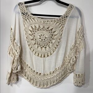 Bohemian Cupshe Cream Crochet Knit Top Lightweight 3/4 Sleeves Size Medium